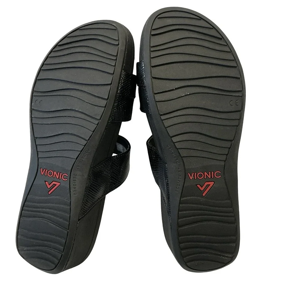 Vionic‎ Sandals Womens Size 11 Black Rio Lizard Skin Slide Buckle Casual Wedge